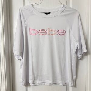 Bebe Sport white short sleeve athletic t-shirt pink logo mesh shoulder size XL